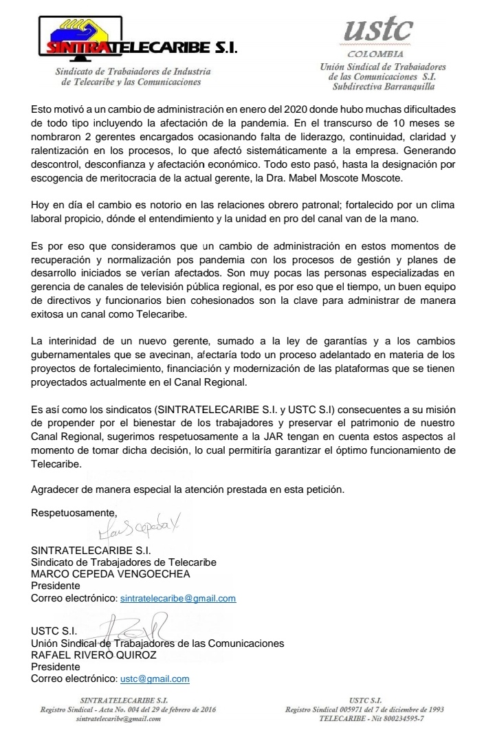 SintraTC's tweet photo. Carta abierta a los miembros de la JAR de @CanalTelecaribe 
@elsanoguerabaq 
@vablelscaff 
@hectorolimpo 
@Unimagdalena 
@jaimepumarejo 
@orlandobenitezm
@GobCordoba_ @MagdalenaGober @carlosecaicedo @TalentoDigCol 
 @uni_cartagena @LAGUAJIRAGOB 
@USTCQuilla https://t.co/eOz2C1Q3xj
