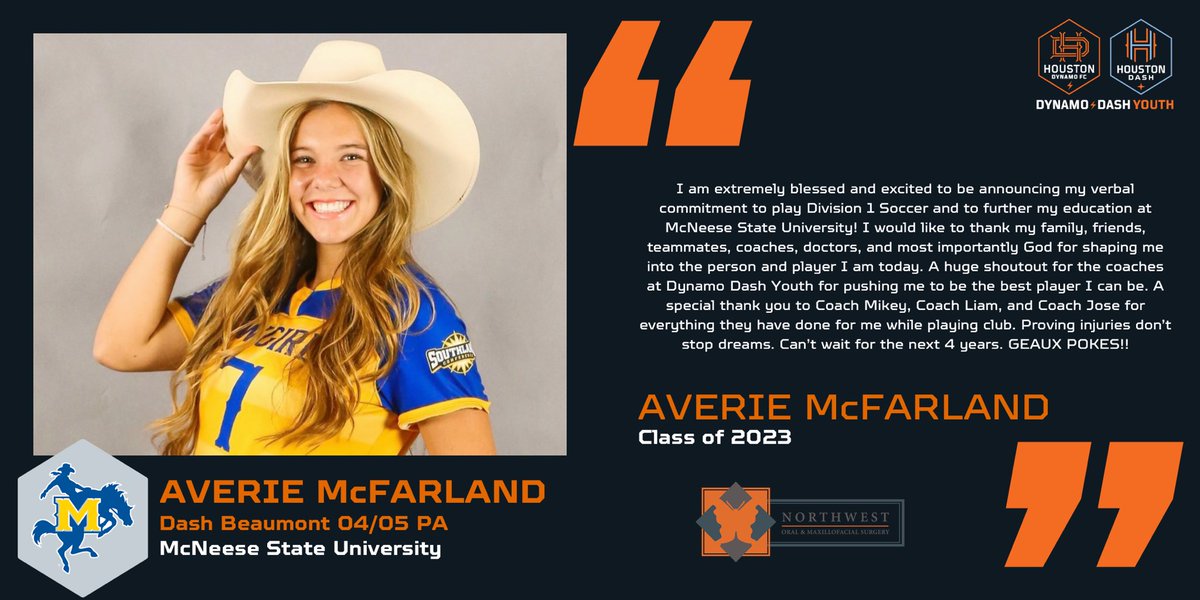 HTXSoccer's tweet photo. 🚨College Commitment! 🚨

@avaloo21 from the Houston Dash Beaumont 04/05 PA has committed to @McNeeseSoccer! Congrats, Averie! 🧡

#dynamodashyouth #ddycollegecenter #ddycff #collegefitfinder @stxsoccer @NationalLeague @nwomsmarketing https://t.co/TdTBorHGlR
