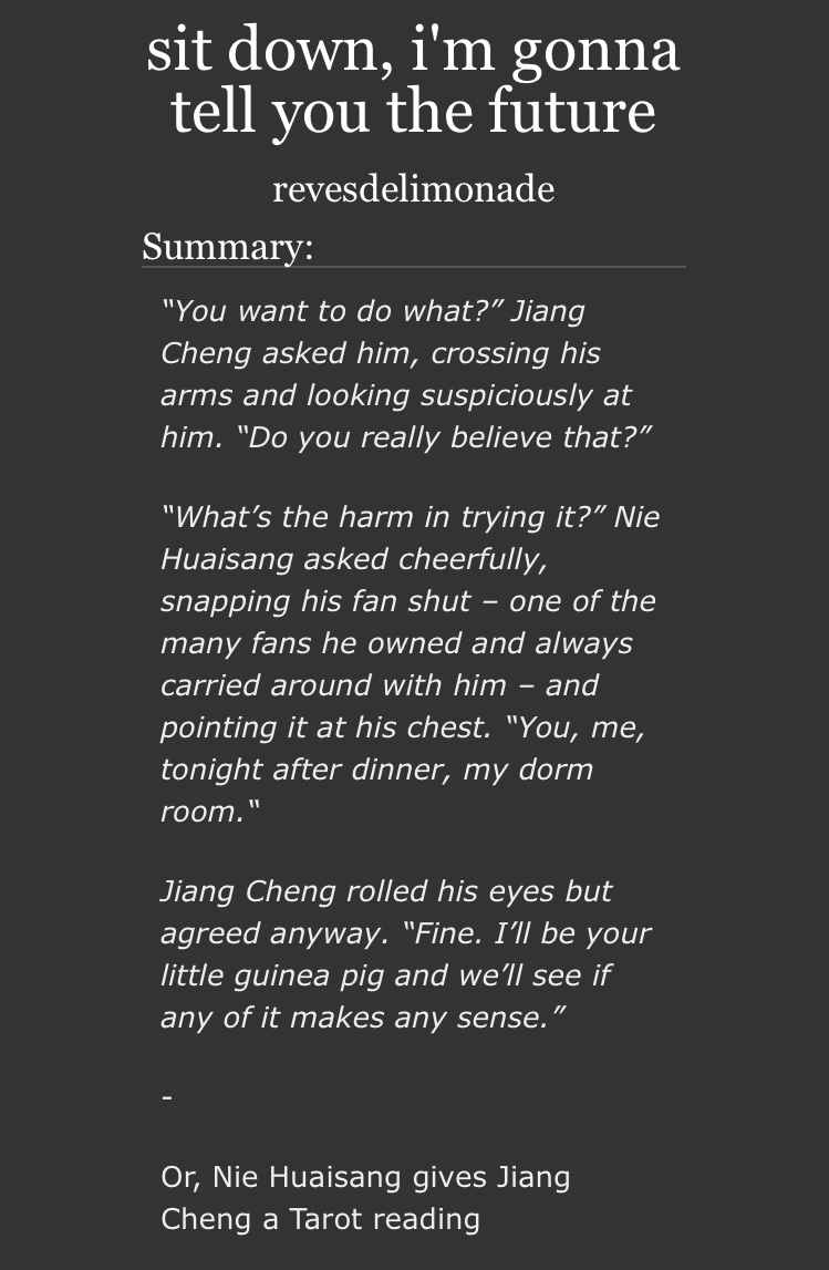 revesdelimonade's tweet photo. #scweek22 day 3 - supernatural!

sit down, i'm gonna tell you the future

Sangcheng, Teen and up, 2k
Getting together, first kiss
Not beta read

https://t.co/ozqPuDyhFp https://t.co/rXXVo9MbmR