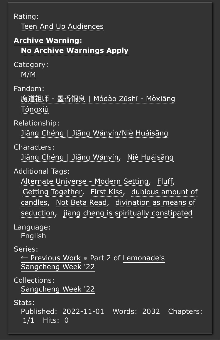 revesdelimonade's tweet photo. #scweek22 day 3 - supernatural!

sit down, i'm gonna tell you the future

Sangcheng, Teen and up, 2k
Getting together, first kiss
Not beta read

https://t.co/ozqPuDyhFp https://t.co/rXXVo9MbmR