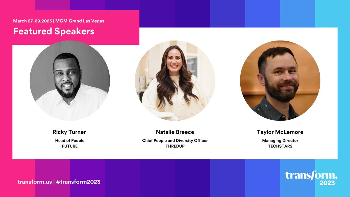 Announcing three inventive and influential speakers to the Transform experience Ricky Turner, Natalie Breece, and <a href="/taylormclemore/">Taylor McLemore</a>! Excited to hear how you are developing and supporting new ways of working!

Register for Transform 2023 today lnkd.in/gEXj6mQ

#transform2023