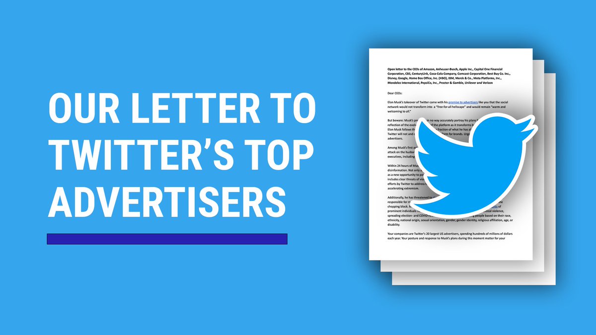 freepress's tweet photo. We're proud to join @accountabletech @ColorOfChange @NAACP @mmfa @glaad @UltraViolet &amp; others in a letter to Twitter's top advertisers.

Our message is clear: Stop advertising on Twitter if #Musk can't commit to enforcing brand &amp; community safety rules.
 https://t.co/gvPxPZzhvi https://t.co/THt7A1CZQG