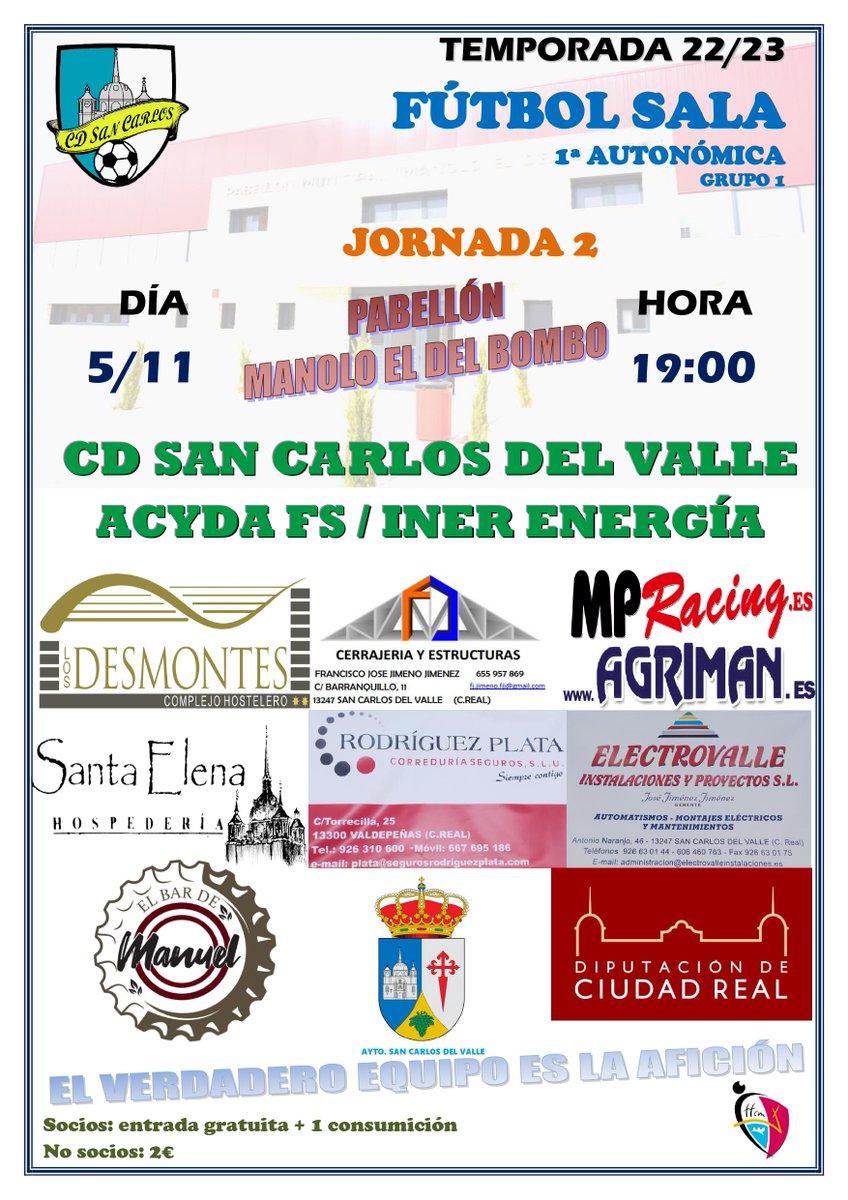Jornada 2| Tras un buen comienzo en liga, en el que el CD San Carlos sumó 3 puntos fuera de casa, vuelve el fútbol sala al Manolo el del Bombo. El siguiente partido será en casa frente al Acyda FS/Iner Energía, el próximo sábado a las 19h.