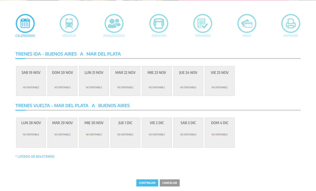 una verguenza <a href="/TrenesArg/">Trenes Argentinos</a>. NI UN PASAJE A MAR DEL PLATA, para ninguna fecha, ni de idea, ni de vuelta. ¿se puede ir en la bandeja para autos? impresentables.
