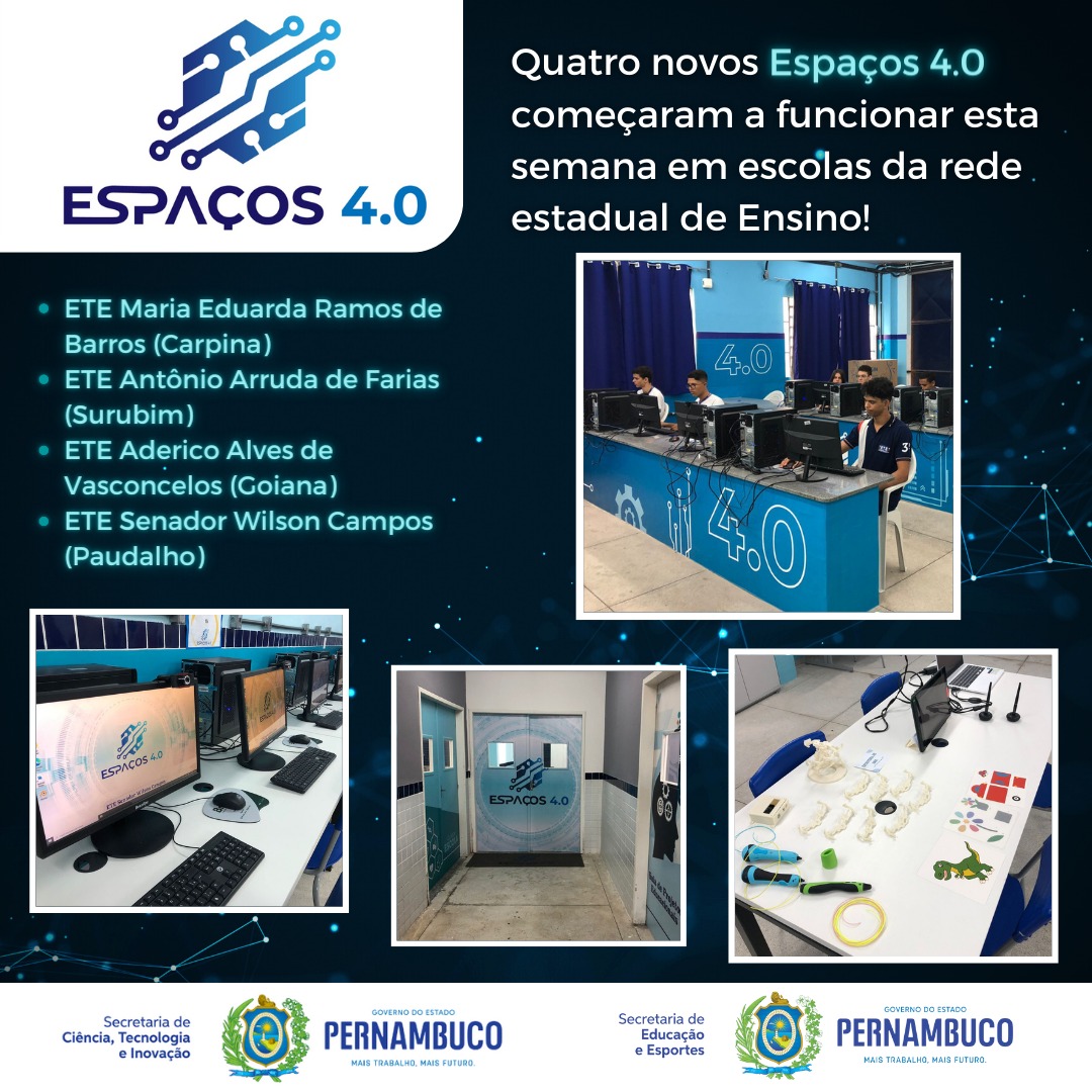 SectiPE's tweet photo. Novos Espaços 4.0 começaram a funcionar esta última semana na rede estadual de Ensino, nas ETEs Maria Eduarda Ramos de Barros, em Carpina; a ETE Antônio Arruda de Farias, em Surubim; ETE Aderico Alves de Vasconcelos, em Goiana; e ETE Senador Wilson Campos, em Paudalho. https://t.co/HqG8RxOU97