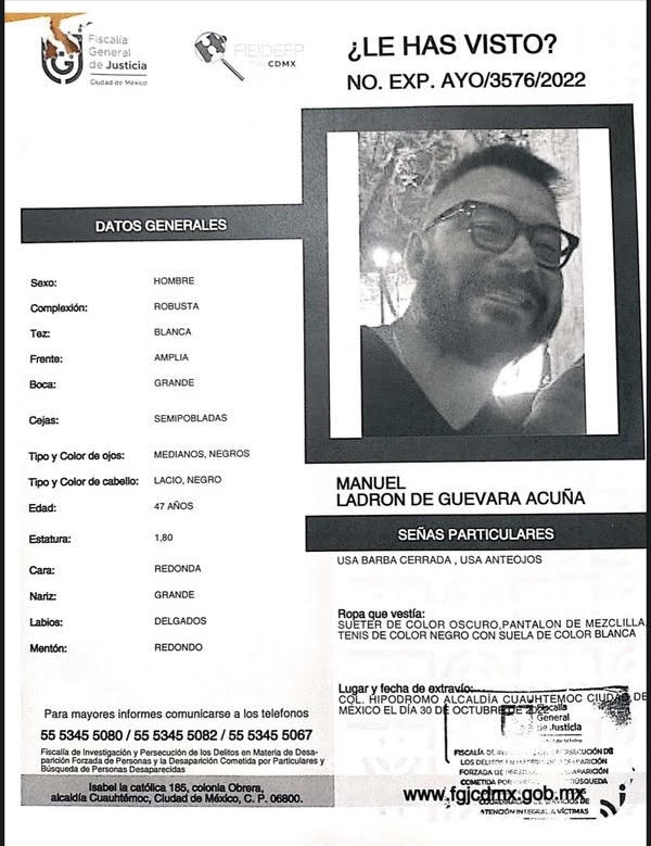 please share! Manuel Ladron de Guevara Acuna, a friend of <a href="/ALazarowich/">Alex Lazarowich</a>, was last seen on Sunday, 10/30 at 3:30 am in the Hipódromo area of Mexico City. if you have any details, dm her.