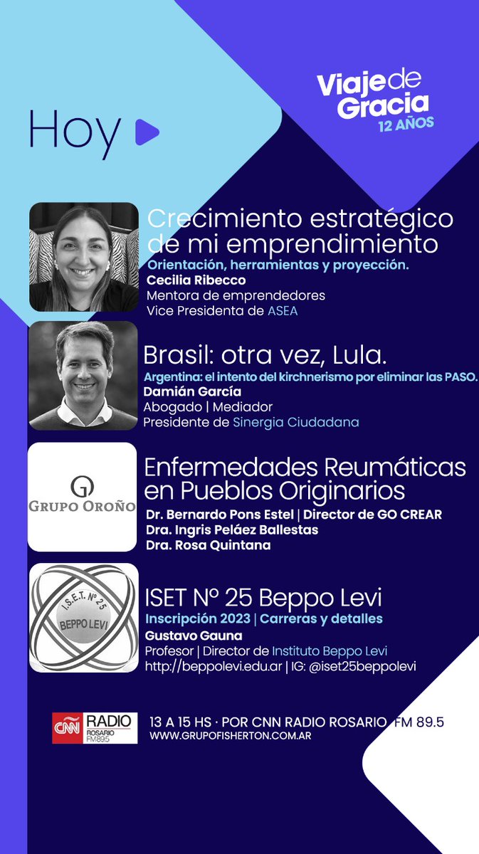 Hoy 👇
VIAJE DE GRACIA | 12 Años <a href="/VDGok/">Viaje De Gracia</a>
Con Sergio Contemori a las
13 a 15 hs
CNN RADIO ROSARIO 89.5 │ GRUPO FISHERTON
grupofisherton.com.ar
Línea para oyentes: 341 3 746 89 5

Fanpage:
sergiocontemori.com.ar/vdg-radio

Disponible en Spotify y otras plataformas
sergiocontemori.com.ar/vdg-podcast