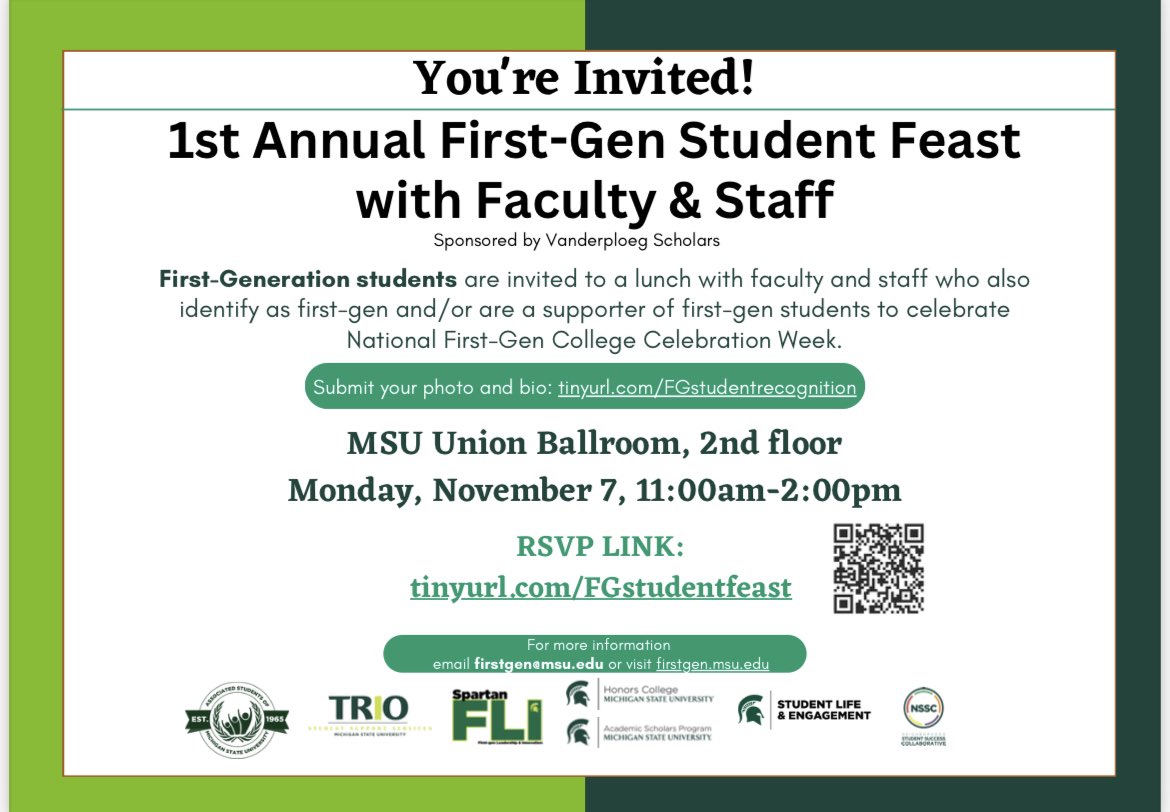 nsscmsu's tweet photo. 🗣️🗣️ calling all first-gen students!

You’re invited to the first-gen student feast with faculty and staff. 

Be sure to rsvp at https://t.co/y9Yf8Y3omt

See you Monday, November 7th 💚 https://t.co/kjSdvV9Lhn