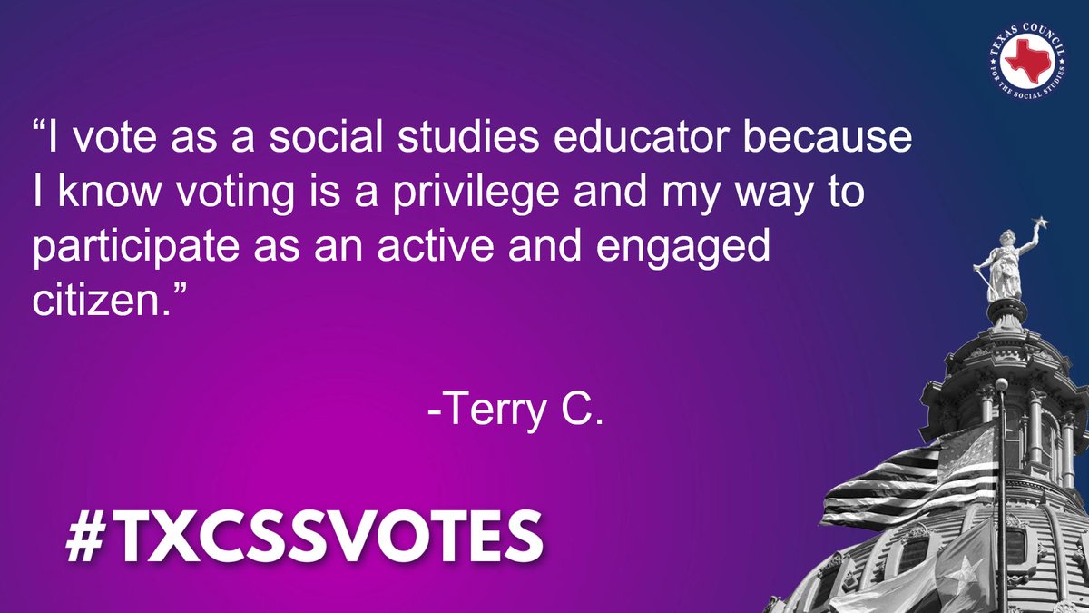 TxSocialStudies's tweet photo. “I vote as a social studies educator because I know voting is a privilege and my way to participate as an active and engaged citizen.”
-Terry C.
#EducatorVotingDay! #txcssvotes #txed #vote https://t.co/QixwLNvCd5