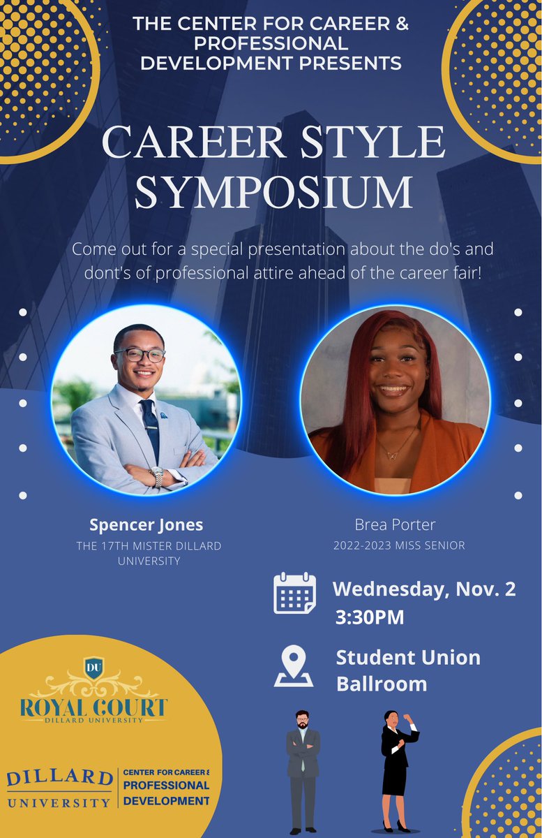 Wanna learn more about the do’s and dont’s of professional attire? Ahead of the career fair next week, come out to the student union ballroom tomorrow at 3:30 PM for an interactive presentation about professional attire featuring CCPD, Mister Dillard, and Miss Senior 💙👔📝