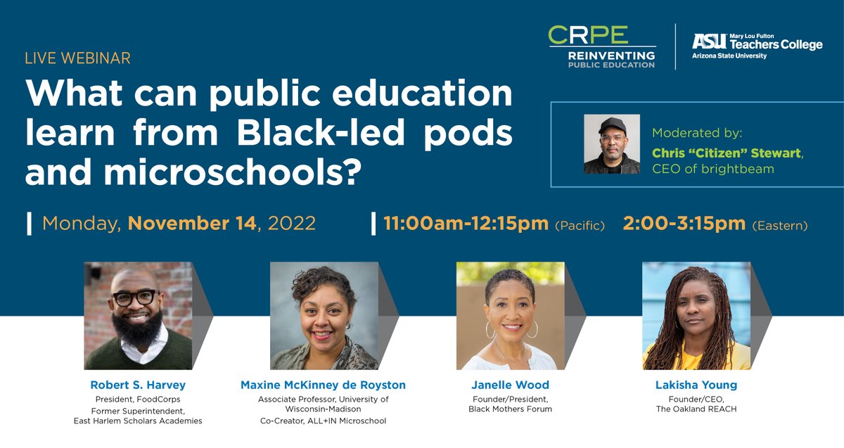 Education Reimagined (@edreimagined) on Twitter photo Black-led pods and micro-schools create safe, culturally-sustaining spaces in which learners can thrive. What can education leaders learn from them — and what’s at stake if they don’t? Dive in as <a href="/CitizenStewart/">Christopher</a> moderates <a href="/CRPE_edu/">Center on Reinventing Public Education</a>'s webinar on 11/14. rb.gy/rv8bfs Black-led pods and micro-schools create safe, culturally-sustaining spaces in which learners can thrive. What can education leaders learn from them — and what’s at stake if they don’t? Dive in as <a href="/CitizenStewart/">Christopher</a> moderates <a href="/CRPE_edu/">Center on Reinventing Public Education</a>'s webinar on 11/14. rb.gy/rv8bfs