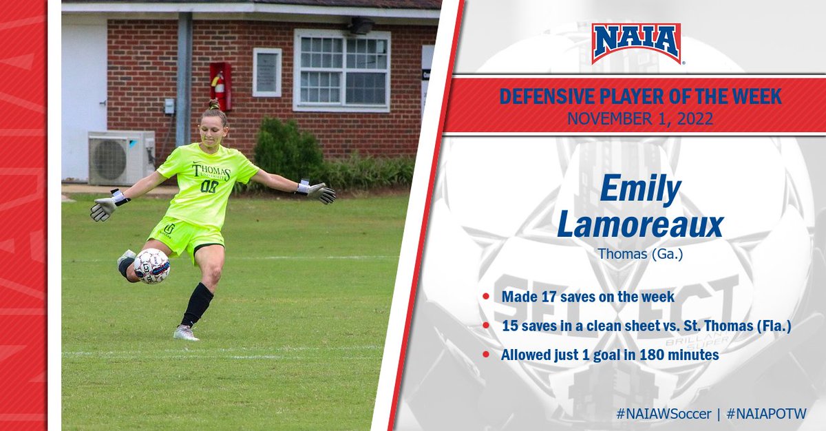 W⚽️ | Emily Lamoreaux of (@TU_Night_Hawks made 17 saves, including 15 in one game! Read more --> bit.ly/3L98Szw #NAIAPOTW #NAIAWSoccer #CollegeSoccer