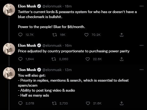 Absolutely *no one* should pay $8 or $20 a month to support Elton Murk's latest scam. Asking low-income Twitter users to pay $92 a year so their tweets don't get hidden and deprioritized alongside bots is not giving 'power to the people.'