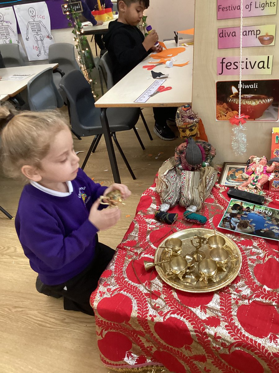 ECS_Keighley's tweet photo. A great day in Reception learning about Diwali, the Festival of Light. From exploring Hindi artefacts to designing Rangoli patterns and creating diwas from clay. #Diwali2022 #handsonlearning #similaritiesanddifferences https://t.co/xphaHGIZdB
