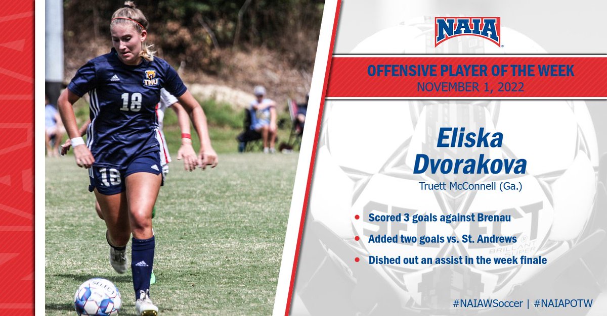 W⚽️ | Eliska Dvorakova of @TMUBears is this week's NAIA Women's Soccer Offensive Player of the Week after scoring 5 goals on the week! Read more --> bit.ly/3L98Szw #NAIAPOTW #NAIAWSoccer #CollegeSoccer