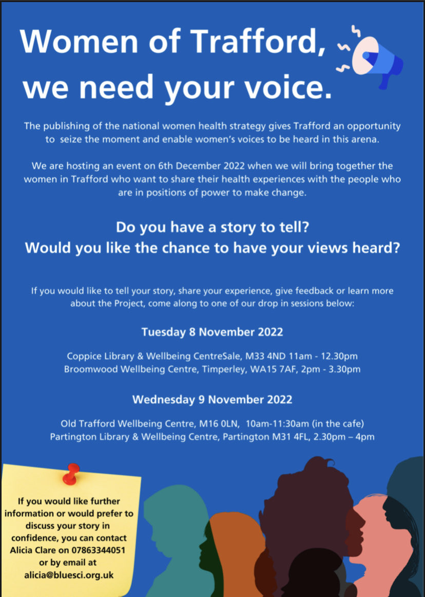 We need to hear the voices of women in Trafford to contribute to the National Women’s Health Strategy. Get involved ⬇️