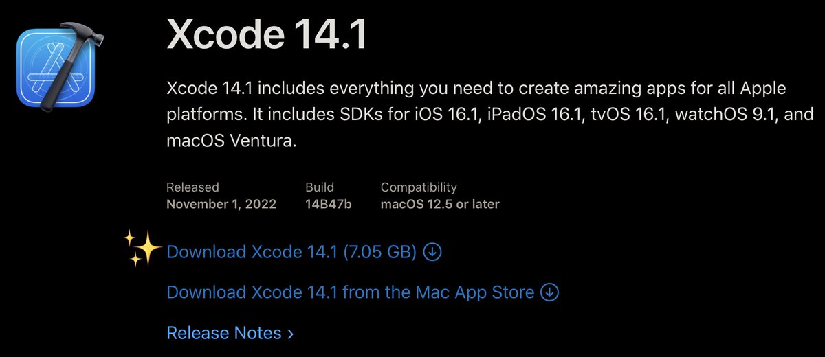 Xcode 14.1 now includes a direct download link for the .xip file! 🎉 This is normal for pre-releases, but now it's available for a GA release.
