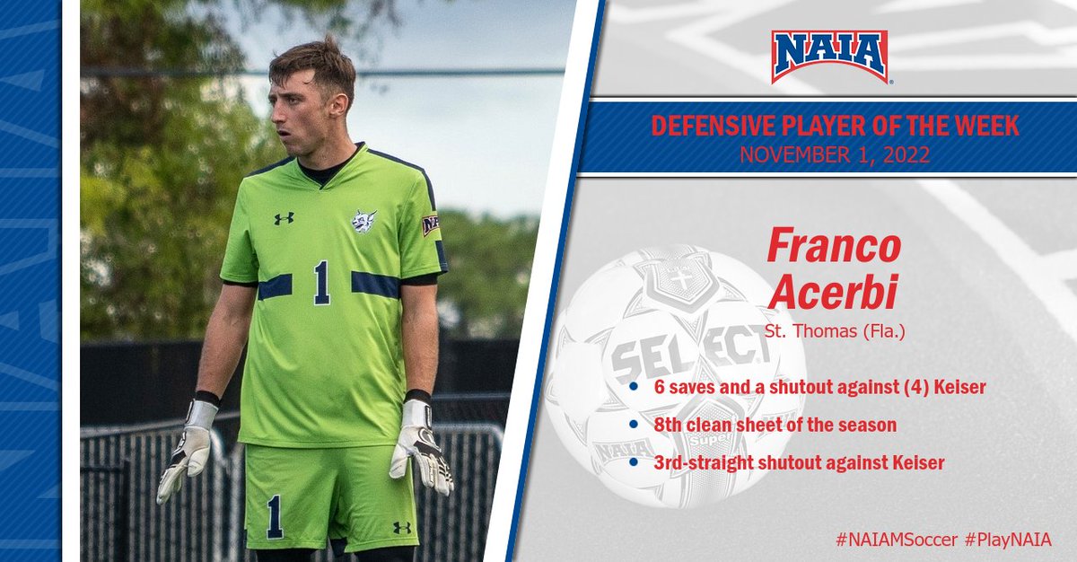 M⚽️ | NAIA Defensive Player of the Week honors go to Franco Acerbi of @STU_Athletics after making 6 saves and a shutout against (4) Keiser. Read more --> bit.ly/3dd7Dmq #NAIAPOTW #NAIAMSoccer #CollegeSoccer