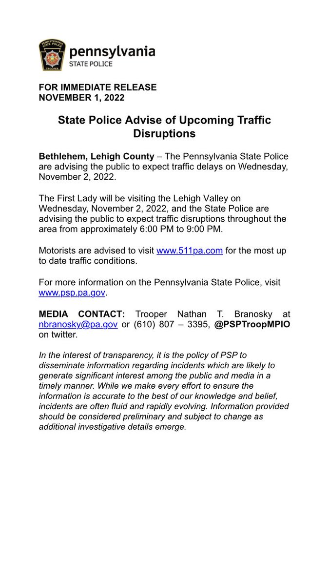 PSPTroopMPIO's tweet photo. Expect traffic disruptions in the area tomorrow from 6:00 PM - 9:00 PM.  Plan accordingly⤵️ @LehighAlerts @wfmztraffic @LVPatch https://t.co/OBrQnpic9M