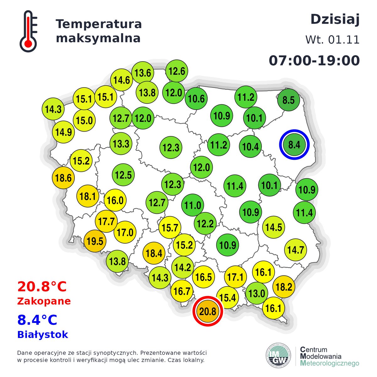 Dzisiejsza temperatura maksymalna. Gdzie było najcieplej a gdzie najchłodniej. #pogoda #temperatura #dzień #IMGWCMM