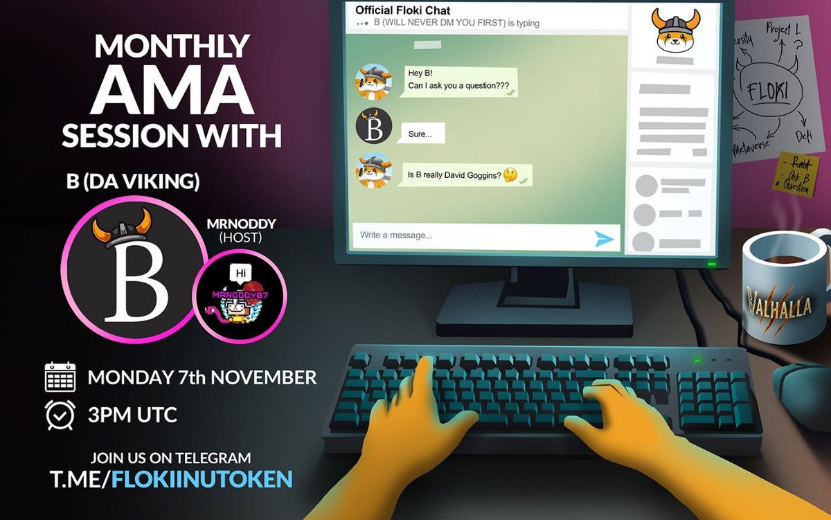 Join #Floki in our telegram this Monday the 7th of November at 3pm UTC t.me/FlokiInuToken We will be hosting an AMA with core member B to discuss all things Flokish Please leave your questions in the comments and some will be selected for the event Get your questions in!