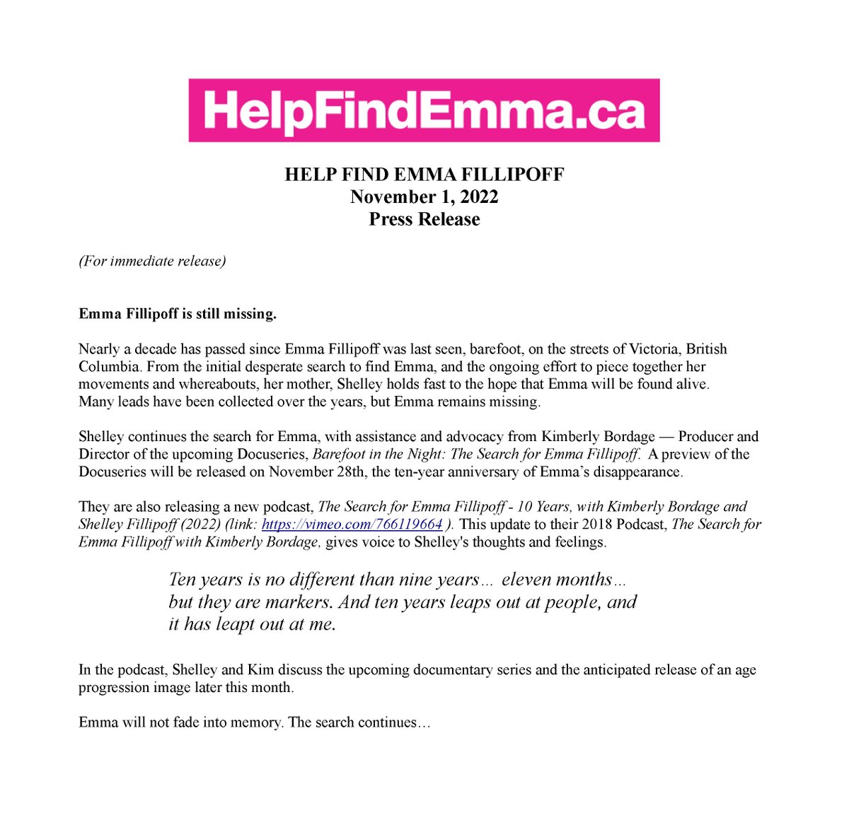 FindEmmaF's tweet image. Emma Fillipoff is still missing. New podcast release, The Search for Emma Fillipoff - 10 Years w Kimberly Bordage &amp;amp; Shelley Fillipoff (2022) vimeo.com/766119664 We discuss the upcoming documentary series &amp;amp; the anticipated release of an age progression image later this month