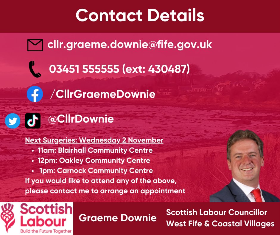 GraemeDownieMP's tweet photo. Just a reminder for constituency surgeries tomorrow in #Blairhall #Oakley and #Carnock. Any issues I can help with then please come along. @FifeLabour https://t.co/vdY2uXS67R