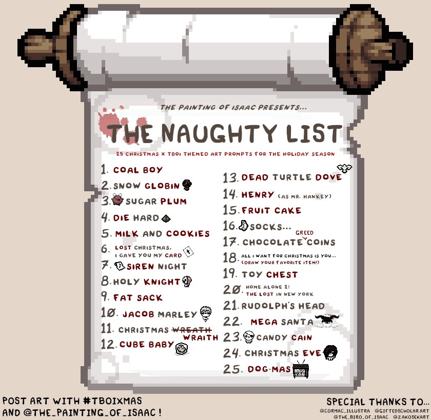 Fellow Binding of Isaac fans!!!
Join me and other artists for a 25 day TBoI art challenge!

Share your art on Instagram and Twitter with the tag #tboiXMAS starting December 1st 2022!

All artists of all skill levels are welcome to participate!

#thebindingofisaac <a href="/edmundmcmillen/">🜏 Edmund McMillen 🜏</a>