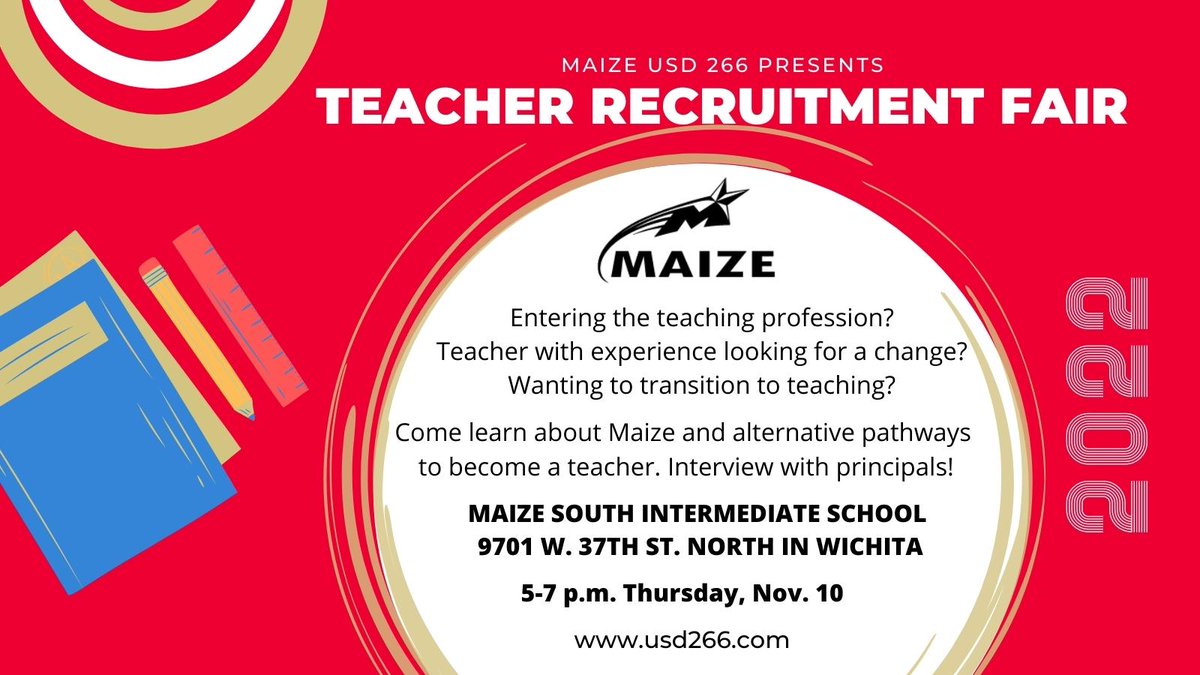 Entering the teaching profession? Teacher with experience looking for change? Wanting to transition to teaching? 

You are invited to our Nov. 10 Teacher Recruitment Fair! Please RSVP: bit.ly/266TeacherRecr…

#MaizeFamily
#266Success