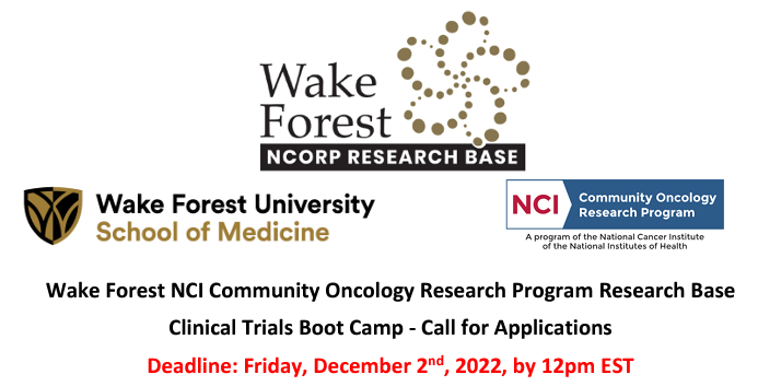 EmilyVDressler's tweet photo. I am so excited to announce a call for applications to the first annual Wake Forest NCORP Clinical Trials Boot Camp! @WakeCancer @AtriumHealthWFB. Let me tell you more... https://t.co/p8PMJfk54B