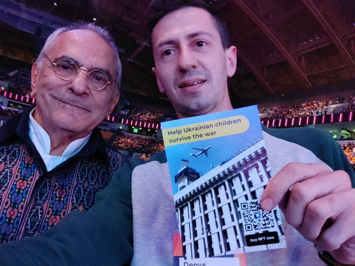 <a href="/3x4_art/">3x4 the #web3 philantropy platform 🇺🇦</a> team @DenManu2 with Nobel prize winner and President of East Timor <a href="/JoseRamosHorta1/">José Ramos-Horta</a> supporting 3x4 and Children of Heroes. <a href="/WebSummit/">Web Summit</a> #WebSummit2022 #WebSummit