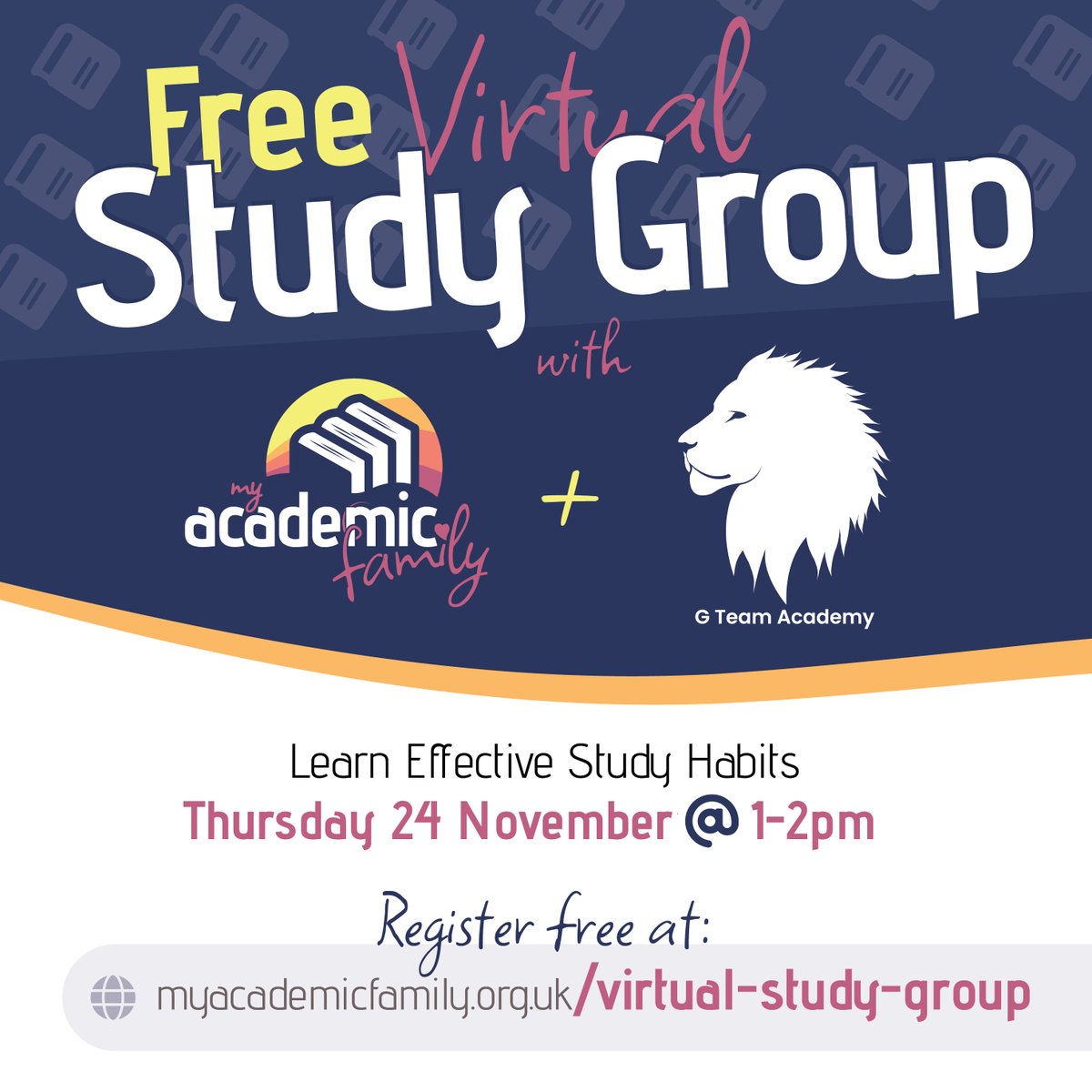 MyAcademicFam's tweet photo. We've got a free virtual study group coming up in partnership with G Team Academy on 24 November. We'll be modelling the @PomodoroTech for students looking to develop valuable study skills. #FirstGeneration #StudySkills #HowToUniversity #StudentSuccess https://t.co/A2phHZyPmN
