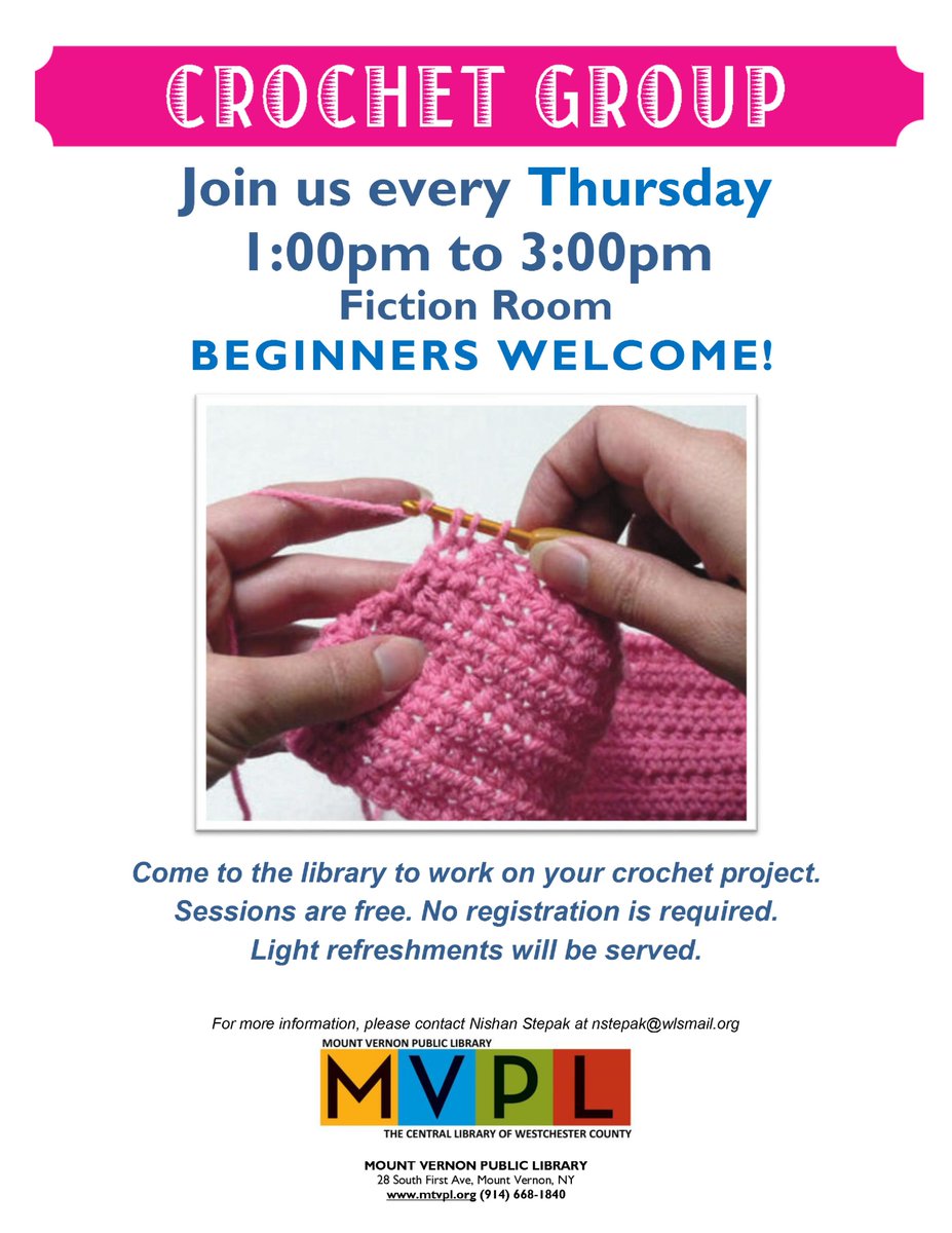 Come join our #Crochet Group, Thursdays 1-3 p.m., fiction room, Mount Vernon Public #library, #mvpl