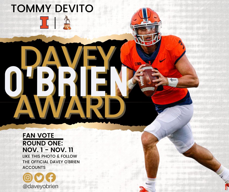 daveyobrien's tweet photo. Time to get in the game and VOTE! #Illini--like your QB’s photo on the original posts from the official @daveyobrien accounts. The top 5 vote getters on Twitter, Instagram &amp; Facebook will receive bonus committee votes to help decide our National Quarterback Award winner! https://t.co/TLnv1TgHfe