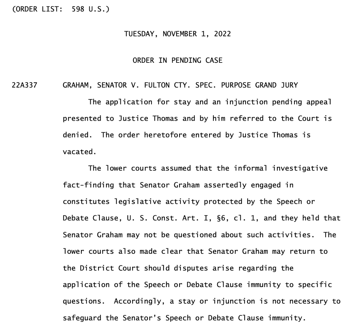 BREAKING: The Supreme Court DENIES Lindsey Graham's bid to avoid testifying before a Georgia grand jury as part of the grand jury's investigation into election interference in that state. There are no recorded dissents. supremecourt.gov/orders/courtor…
