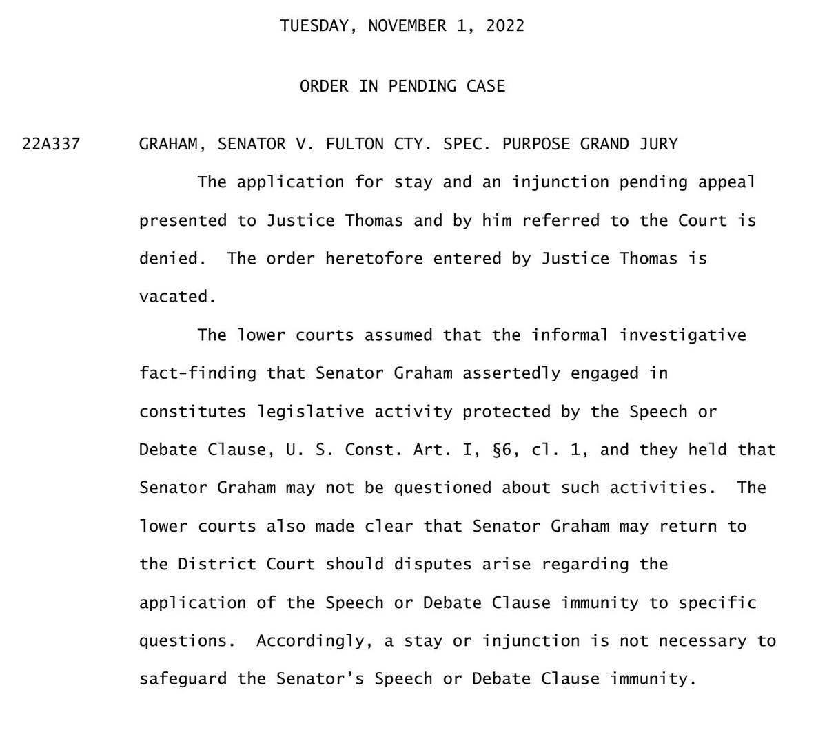 NEW: Supreme Court denies Sen. Lindsey Graham's bid to have them stop his testimony to a Georgia grand jury about the 2020 election and calls he made to state elections officials. 

Background:rollcall.com/2022/10/21/gra…