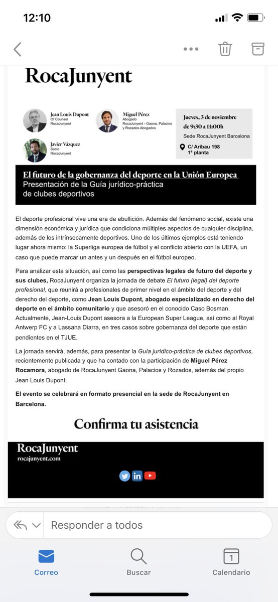 Un placer participar en el evento organizado por <a href="/Roca_Junyent/">RocaJunyent</a> junto con <a href="/JeanLouisDupont/">Jean Louis Dupont</a> y Javier Vazquez sobre el conflicto abierto entre UEFA y la Superliga. Inscripción online 👇🏻