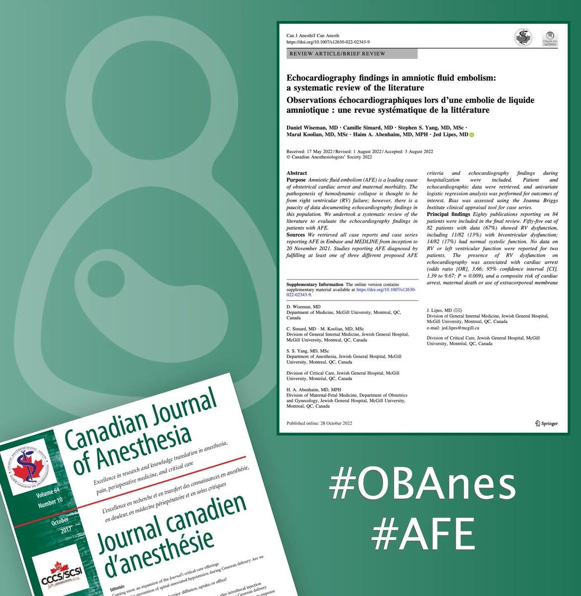 CJA_Journal's tweet photo. Echocardiography findings in amniotic fluid embolism: a #systematicreview of the literature | #CJA #CJA2022 #Anesthesia #Anesthesiology #OBAnes #AFE  https://t.co/Tf5XlocxMU https://t.co/sdtOZ7WHTg