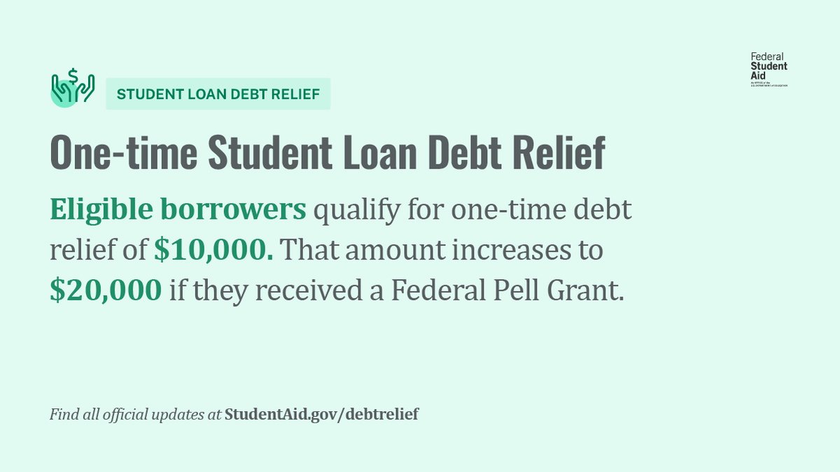 FAFSA's tweet image. One-time student loan debt relief is here! Check out the thread below to get the key information you need to know 👇

Then visit our FAQ page for more details: StudentAid.gov/debtrelief