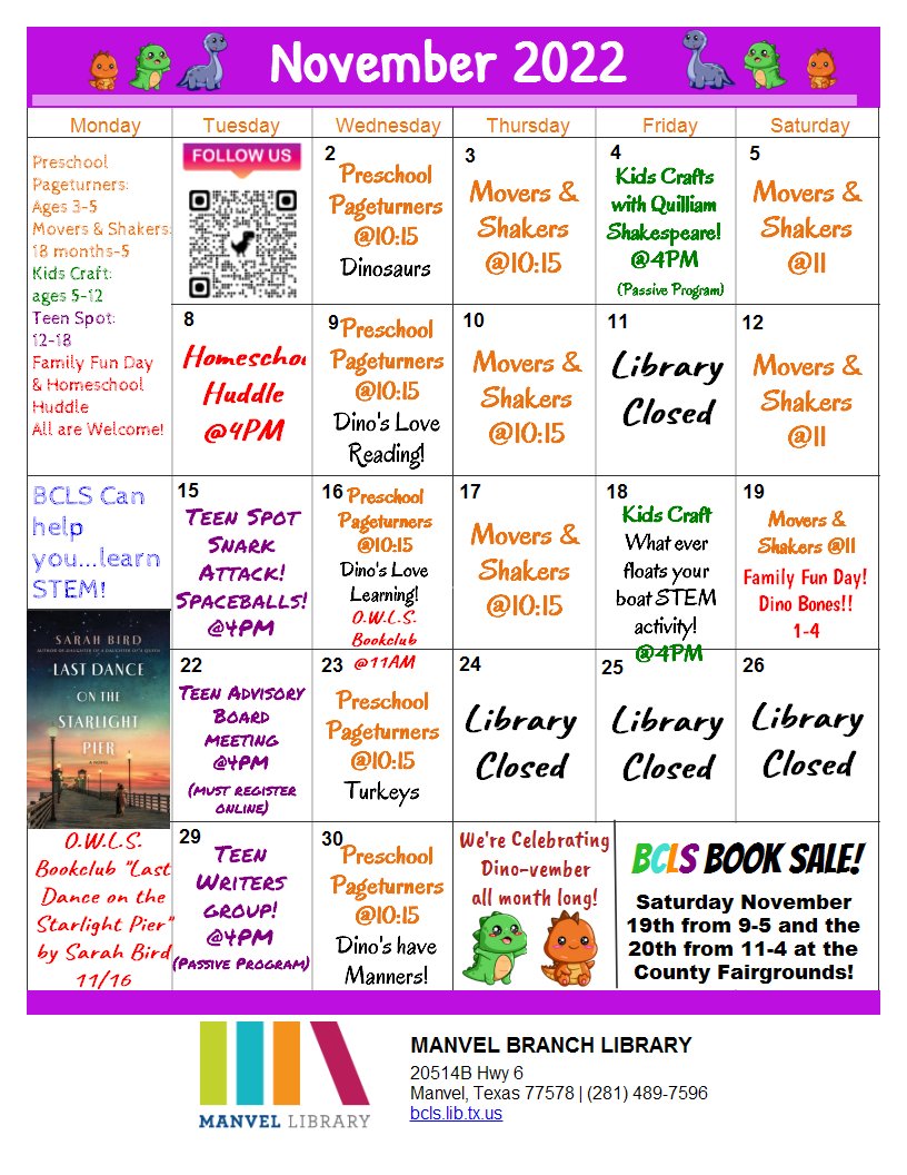 ManvelLibrary's tweet photo. ROAR! Are you ready for Dino-Vember? Check out all the fun events we're having this November, we can't wait to see you at Manvel Public Library! #bclstx https://t.co/9pjKvdgjTy https://t.co/1Hq1erQUWA