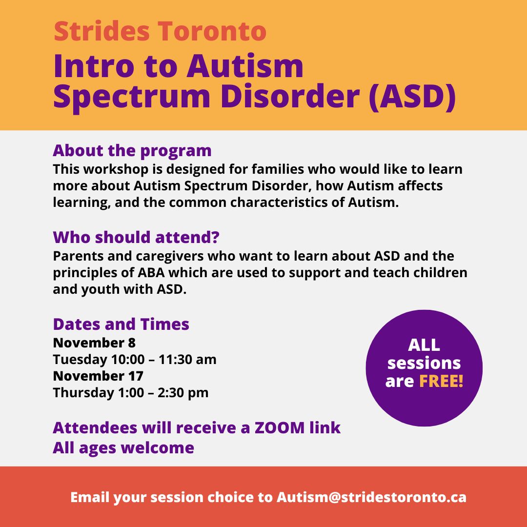 stridesTO's tweet photo. FREE online workshop for parents and caregivers of children with #autism

Registration is simple and free👉Email your session choice to Autism@stridestoronto.ca
 
Session ①: Tuesday, November 8 from 10:00 AM – 11:30 AM
Session ②: Thursday, November 17 from 01:00 PM – 02:30 PM https://t.co/nhUW7mI1dJ
