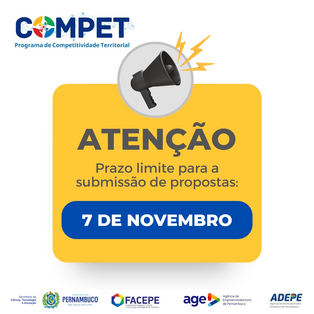 SectiPE's tweet photo. O prazo para o envio das propostas ao Programa de Competitividade Territorial (COMPET – PE), termina na segunda (07). Os interessados devem preencher o formulário no Sistema AgilFAP, disponível na página eletrônica da Facepe (https://t.co/hGCNSGs4z9). https://t.co/fvmv90IrR6