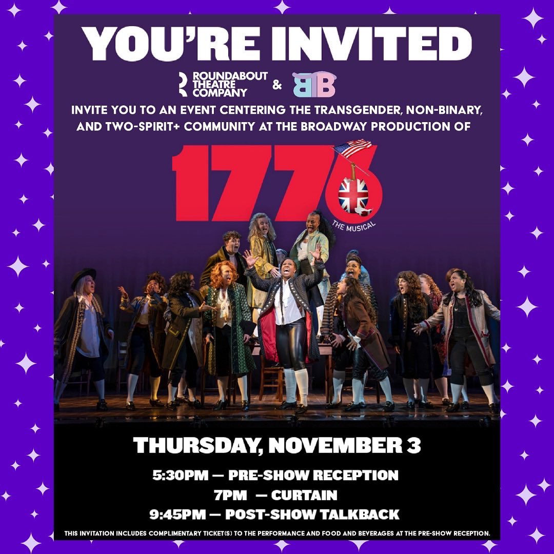 Thee Open House Project (@theeohp) on Twitter photo Hi everyone! We are so excited to be partnering with <a href="/btbtfnyc/">Breaking the Binary Theatre Festival</a> and <a href="/roundaboutnyc/">Roundabout</a> to offer invitations to their event centering the transgender, non-binary, and Two-Spirit+ community at the broadway production of 1776!
Check out our IG post to enter!
bit.ly/1776Event Hi everyone! We are so excited to be partnering with <a href="/btbtfnyc/">Breaking the Binary Theatre Festival</a> and <a href="/roundaboutnyc/">Roundabout</a> to offer invitations to their event centering the transgender, non-binary, and Two-Spirit+ community at the broadway production of 1776!
Check out our IG post to enter!
bit.ly/1776Event