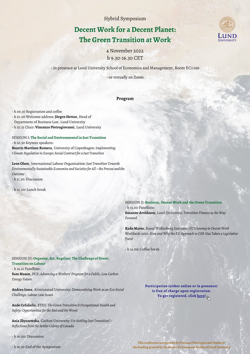 This is the program of our hybrid symposium on Green Transition that will be held on Friday. Thrilled for such a terrific line up of speaker. Here’s the link to the registration, which is necessary for participating online and in person: forms.gle/xAS4GgYQ3JzdHG… Join us 💚🌹