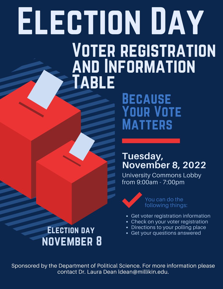 proflauradean's tweet image. My political science students and I will be working our Election Day #VoterRegistration and Information table @MillikinU on November 8 from 9 am to 7 pm. Please send your students down with questions...this is the first year our polling place will be on campus! @bigbluehum