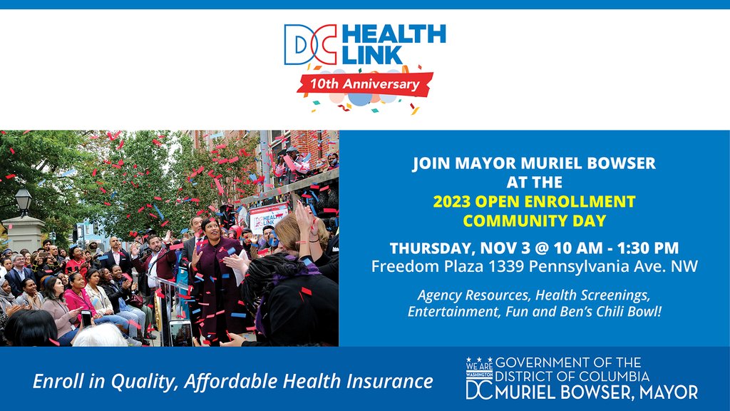 RAMWdc's tweet image. Come out to the @DCHealthLink #2023OpenEnrollment #CommunityDay event Thursday, November 3, 10:00 am - 1:30 pm at #FreedomPlaza for health screenings, entertainment, fun &amp;amp; agency resources to help you enroll in quality, affordable health insurance. #GetCovered #StayCovered