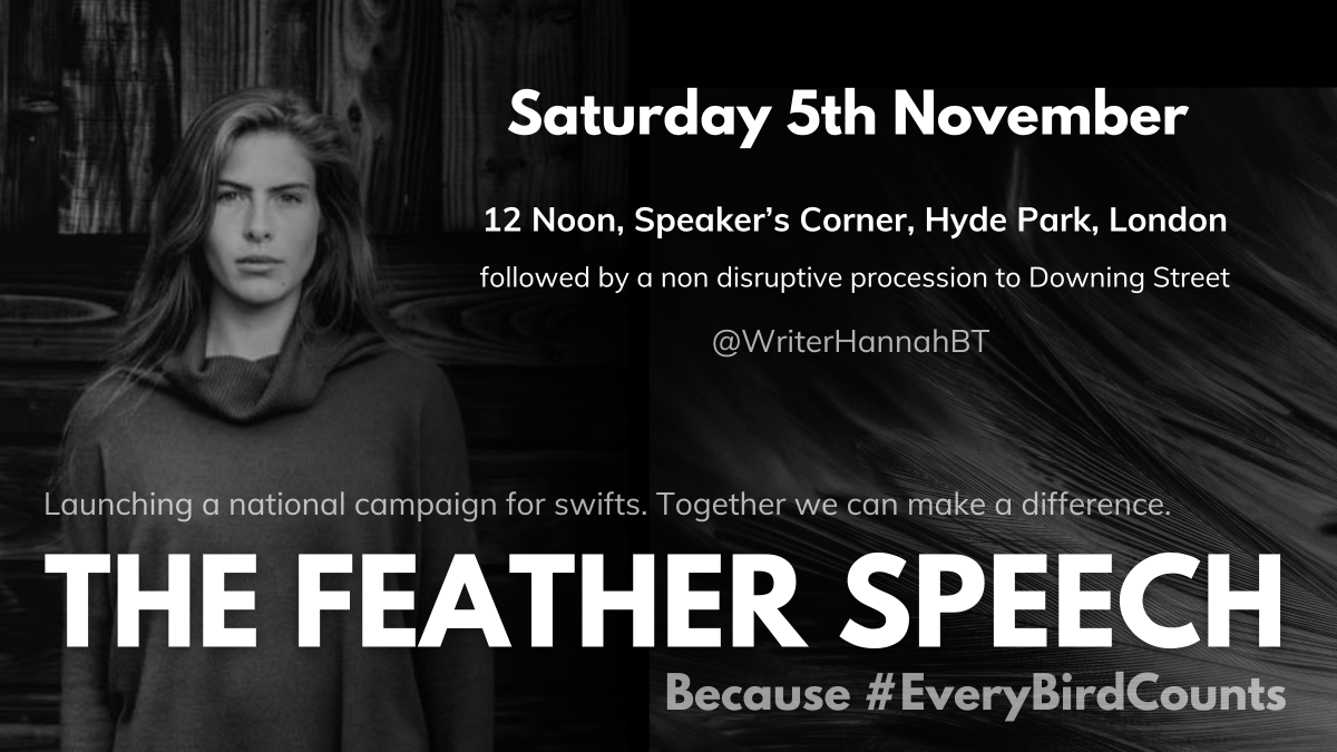 WriterHannahBT's tweet photo. This Saturday I will launch #TheFeatherSpeech, a national campaign for #swifts, unclothed, painted in ink feathers from neck to toe, to show that #PassionIsASuperpower because #EveryBirdCounts Sat 5th Nov, NOON, Speaker's Corner, supported by @Natures_Voice and @rwritextinction🪶 https://t.co/0eOYoBodEy