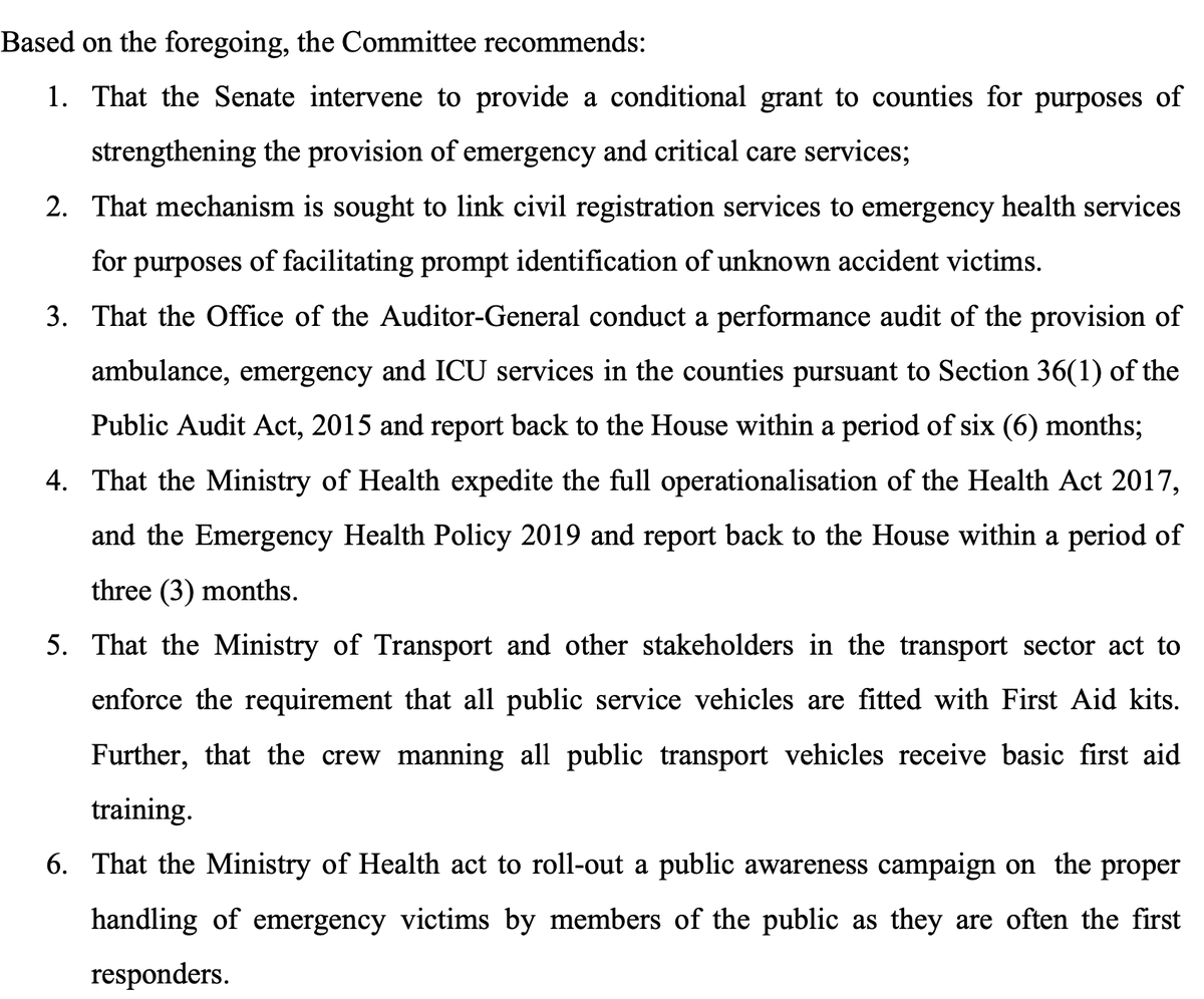 Previous <a href="/Senate_KE/">Senate of Kenya</a> Health Committee recommendation.

As the Senate Health Committee listens to emergency health related issues it would be good to assess the level to which previous Senate recommendations on the same have been implemented by the same govt

Thread 1