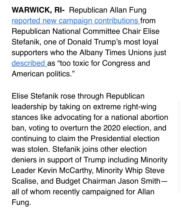 IanDon's tweet photo. With one week until the end of the hard-fought CD2 race, @SethMagaziner continues to highlight how @EliseStefanik and other Trump backers are supporting @AllanFungRI https://t.co/N1clF5wo2w