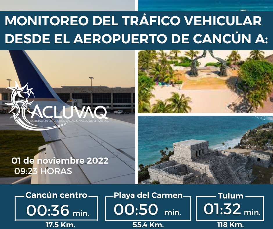 AcluvaqOficial's tweet photo. Te compartimos los tiempos aproximados desde el aeropuerto de #Cancun hacia los destinos, Zona Hotelera #PuntaCancun, #PlayaDelCarmen y #Tulum.
Toma tus precauciones. https://t.co/lGBv3cZnnM